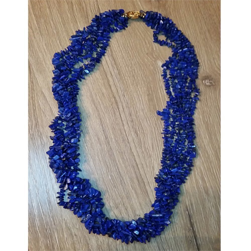 Vintage Lapis Chips Multi Row Gold Plated Necklace